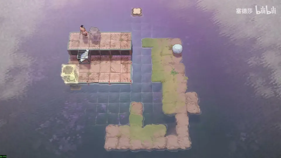 High Mirrors puzzle 13: purple water with a grid of paths, a tiled block with stairs at the top left, a yellow button and a round white crystal on a grassy strip