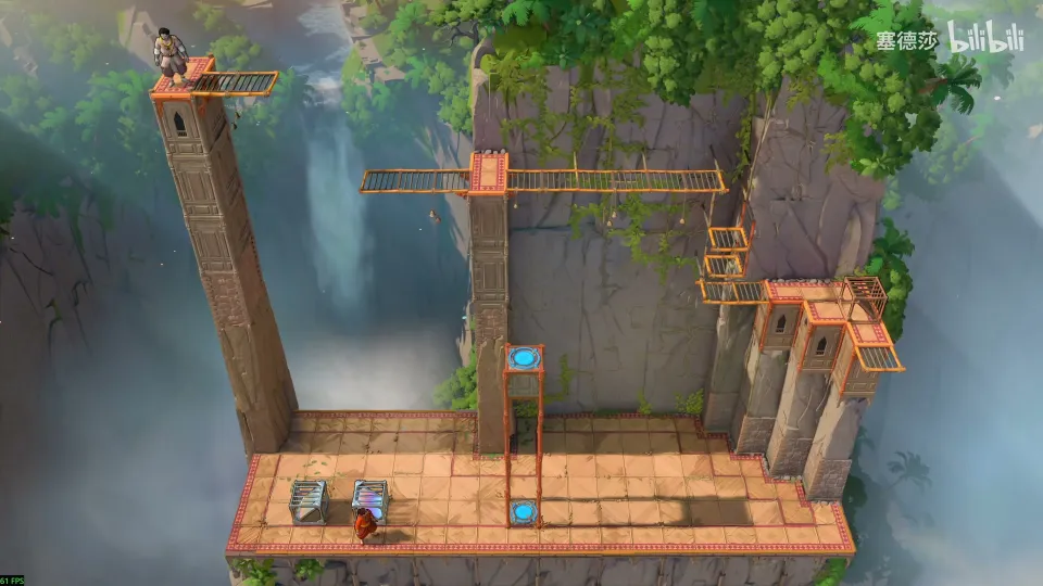 High Mirrors puzzle 15: a tall stone tower with wooden scaffolding beside a waterfall, the Trader on top and two vertical mirrors on the floor below