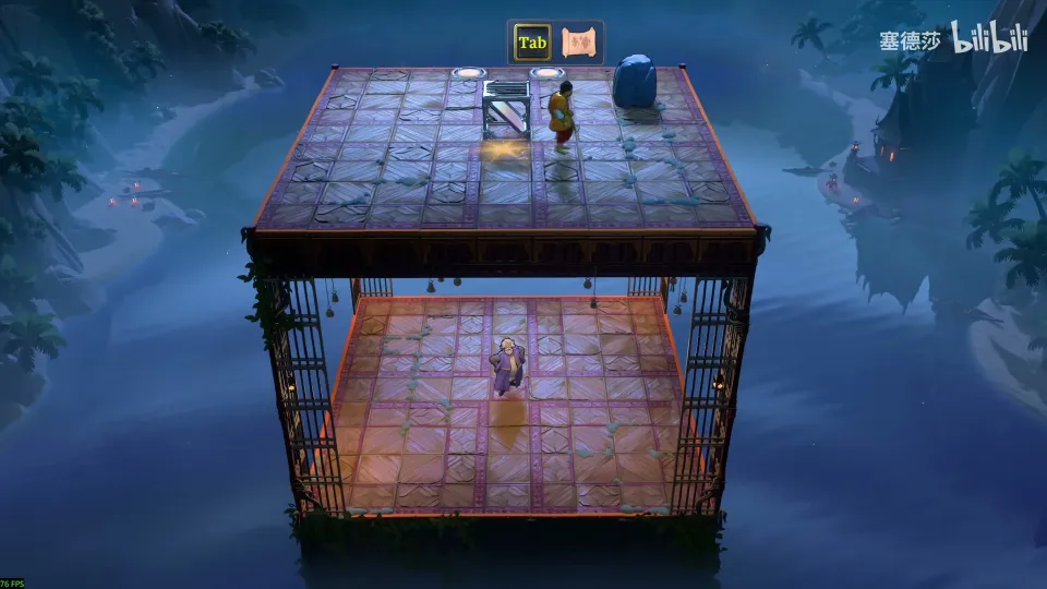 High Mirrors puzzle 17: a tiled roof on top of a large cage standing in dark water, the Wizard inside the cage and a vertical mirror and blue block on the roof