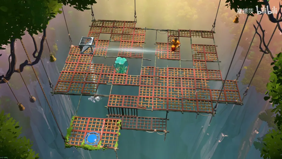 High Mirrors puzzle 18: a large net of rope grids hanging over water, a mirror, a teal crystal, the Trader and a blue exit on a grassy patch at the bottom left