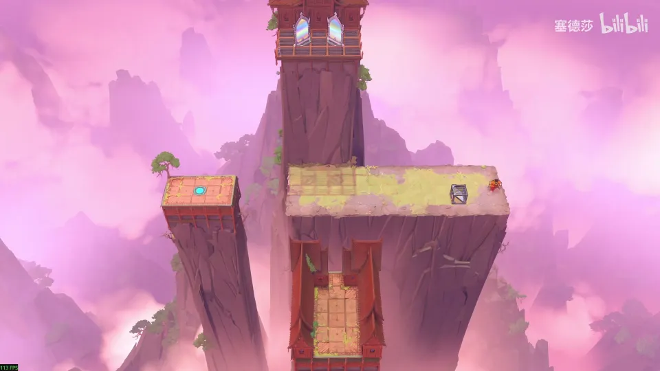 High Mirrors puzzle 19: a tall red pillar in pink clouds with a vertical mirror at the top, a grassy ledge with a crate and a small blue exit on a lower block