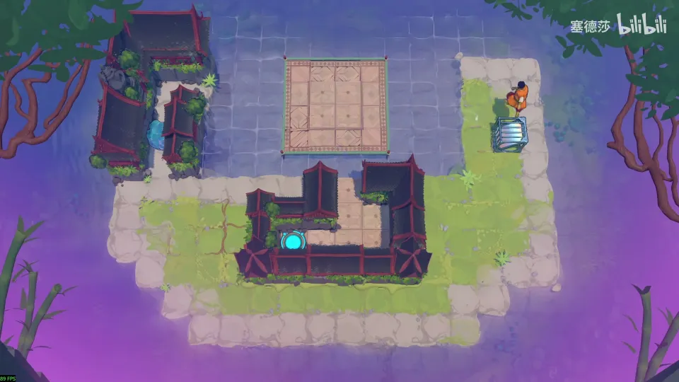 High Mirrors puzzle 20: a grassy island in purple water with dark wooden walls, a square tiled platform in the middle, a blue exit and the Trader at the right