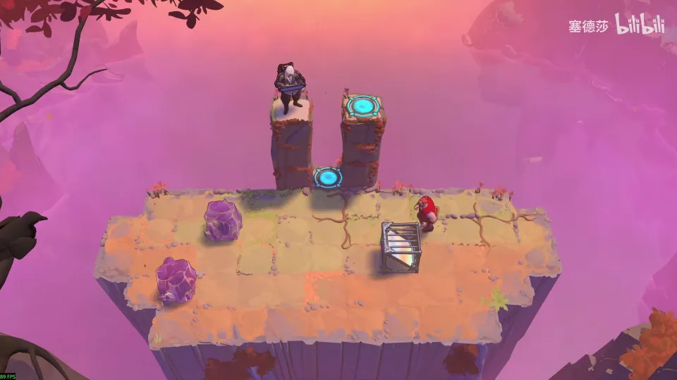 High Mirrors puzzle 21: a pink-orange cliff top with two tall pillars at the back, blue exit pads, two purple crystals, a mirror and the red-robed Explorer