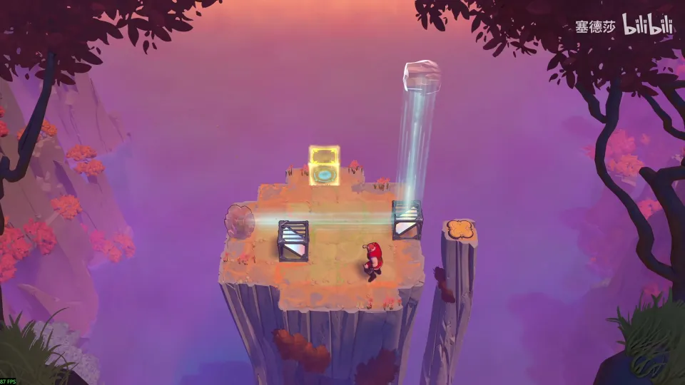 High Mirrors puzzle 22: a small cliff-top platform in purple mist with two mirrors, a stone, the Explorer and yellow buttons, a light beam rising on the right