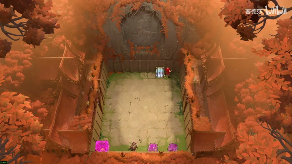 High Mirrors puzzle 23: a sunken courtyard between autumn trees, a mirror at the back, a goblin and pink blocks along the front edge