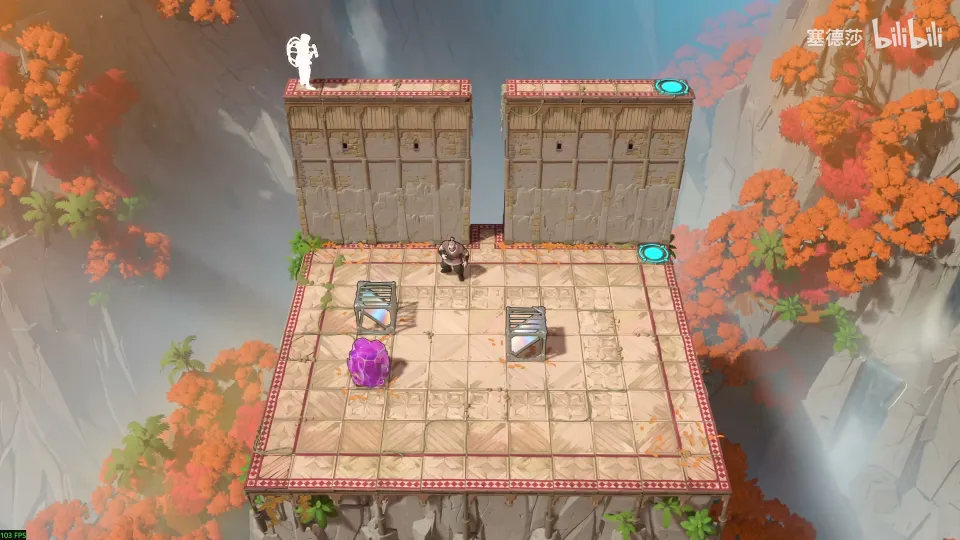 High Mirrors puzzle 24: a tiled cliff platform with two tall walls at the back, the Explorer on top of a wall, two mirrors, a purple stone and the red-robed hero