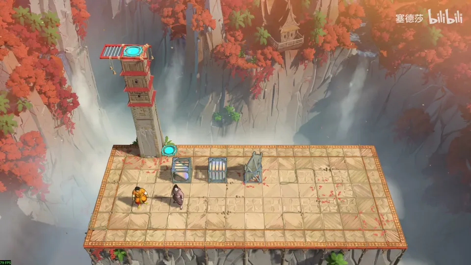 High Mirrors puzzle 25: a long tiled platform on a cliff, a red stone tower with a blue pad at the left end, a mirror and two heroes
