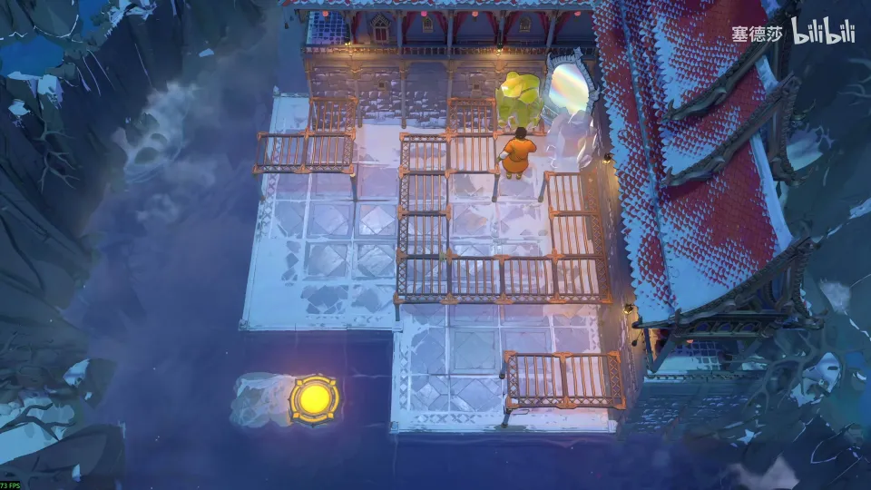 High Mirrors puzzle 26: a snowy tiled platform at night with wooden railings, a mirror, the Trader, a stone and a yellow exit at the bottom left