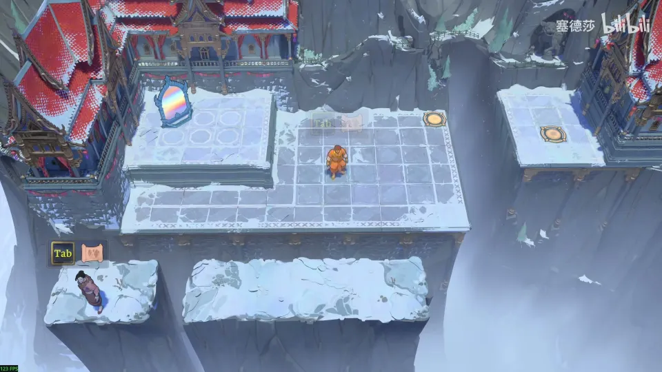 High Mirrors puzzle 27: snowy cliff blocks around a pagoda, a mirror and a Trader on the upper block, another Trader below and an exit on the right