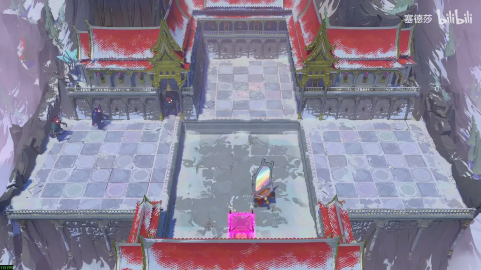 High Mirrors puzzle 28: a snowy temple courtyard with a checkerboard floor, a mirror, goblins and a pink block by the front wall