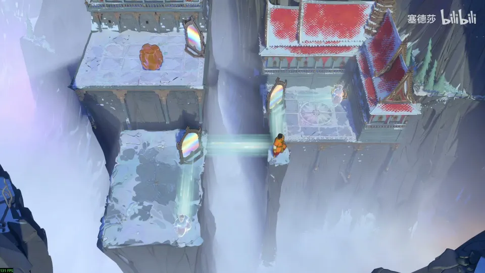 High Mirrors puzzle 30: snowy cliff blocks above a white void, two mirrors, a stone, the Trader and a red-roofed shrine on the right