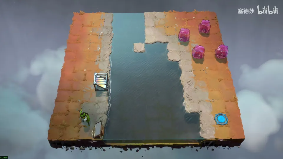High Mirrors puzzle 31: an orange stone floor split by dark water, a vertical mirror and the green Thief on the left and pink crystals and a blue exit on the right