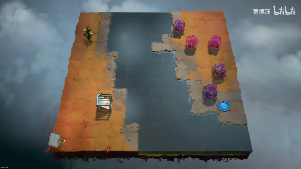 High Mirrors puzzle 32: an orange stone floor with a channel of dark water, pink crystals in a column on the right, a vertical mirror and the Thief on the left