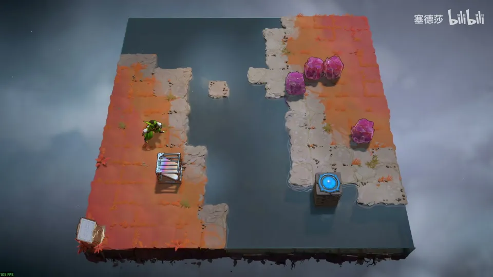 High Mirrors puzzle 33: an orange stone floor with dark water in the middle, pink crystals on the right, a vertical mirror and the Thief on the left