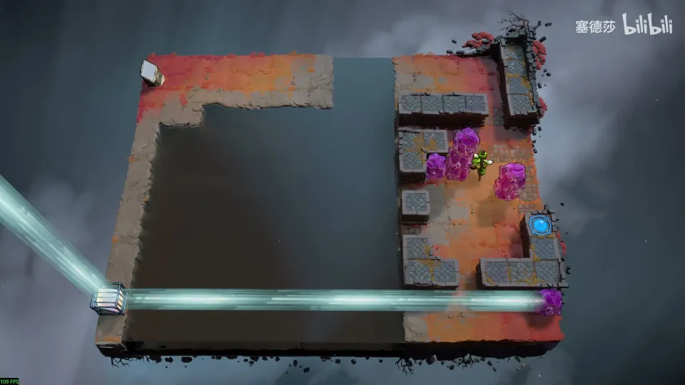High Mirrors puzzle 34: a dark floor with stone walls on the right, pink crystals, a light beam from a vertical mirror at the bottom left and the Thief