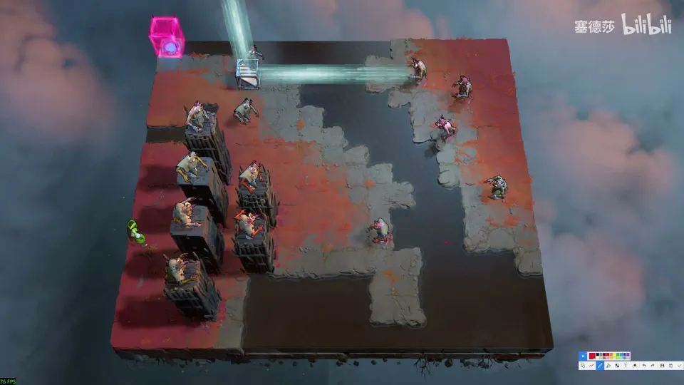 High Mirrors puzzle 35: dark water around raised stone platforms crowded with goblins, a fort tower at the back and the Thief at the front