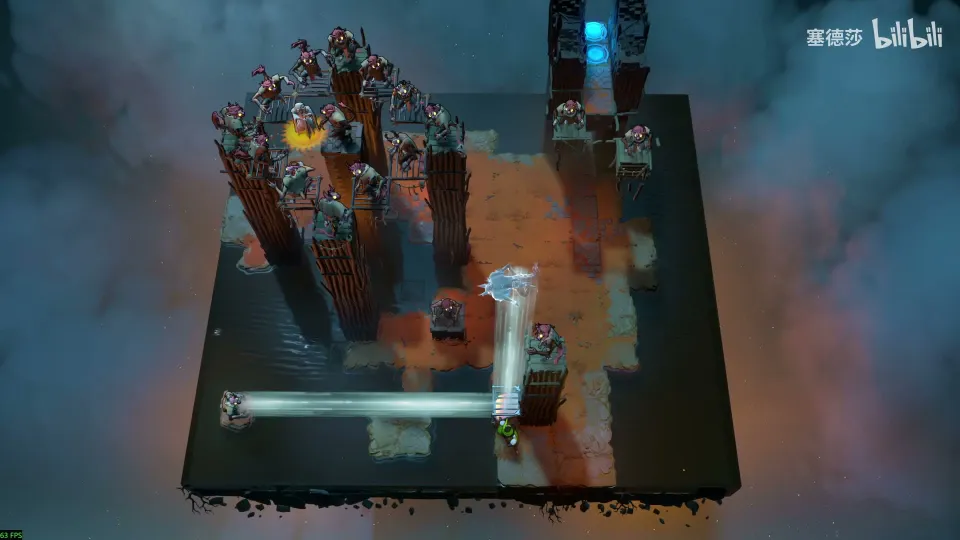 High Mirrors puzzle 36: tall stone pillars in dark water with goblins on top, the Cleric in the middle of a ring of goblins and the Thief below