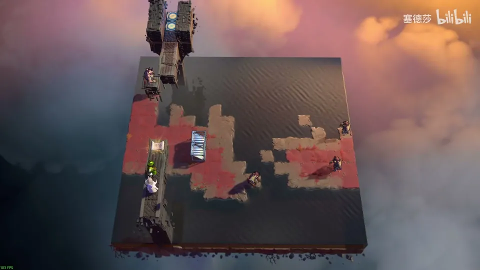 High Mirrors puzzle 37: a dark floor split by water, red-brown stone paths, a mirror on a pillar at the top left, goblins and the two heroes