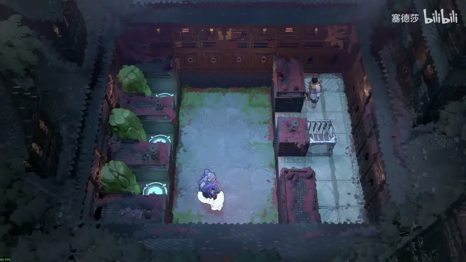 High Mirrors puzzle 38: a dark walled room with three green-topped stone stacks and blue pads on the left, a raised area with a mirror on the right and the heroes