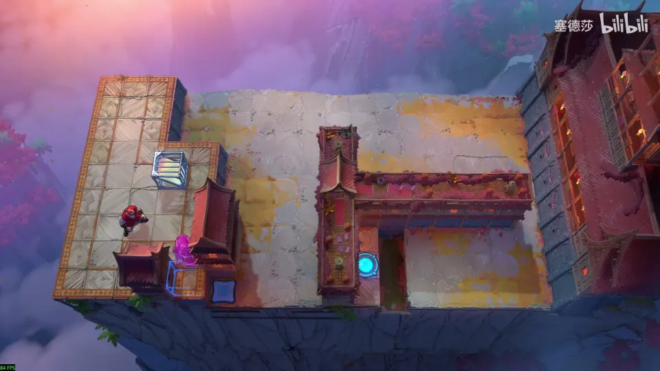 High Mirrors puzzle 39: a cliff-top platform in purple mist with a long stone wall, a mirror, a magenta crystal and a cyan pad