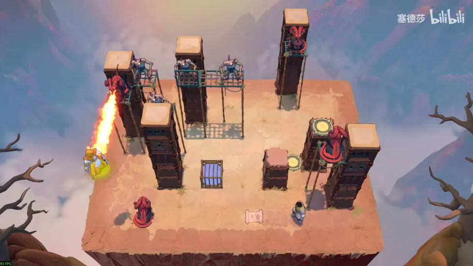 High Mirrors puzzle 40: a sandy cliff top with tall pillars and cages, a dragon breathing fire on the left, a goblin, mirrors and the Cleric