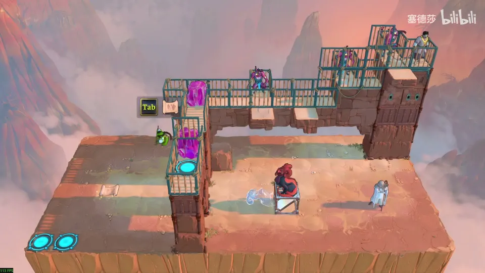 High Mirrors puzzle 41: a sandy cliff platform with a raised walkway of cages and blocks, goblins, a dragon, mirrors, the Trader and cyan exit pads at the left