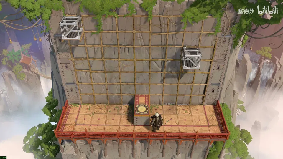High Mirrors puzzle 42: a tall cliff face with a grid of wooden frames, vertical mirrors on it and the hero on a ledge at the bottom