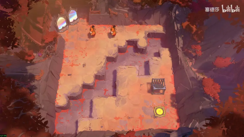 High Mirrors puzzle 44: a red sunken room with two mirrors at the top, two heroes, a stepped purple floor, a mirror frame and a yellow exit