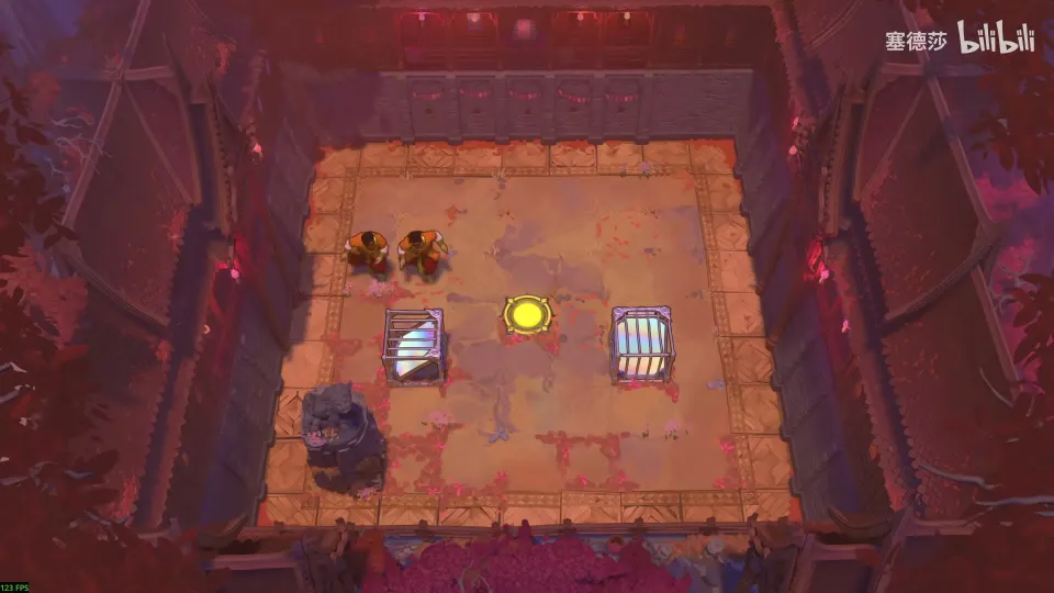 High Mirrors puzzle 45: a dark red square room with two mirrors, two heroes, a stone and a yellow exit in the middle