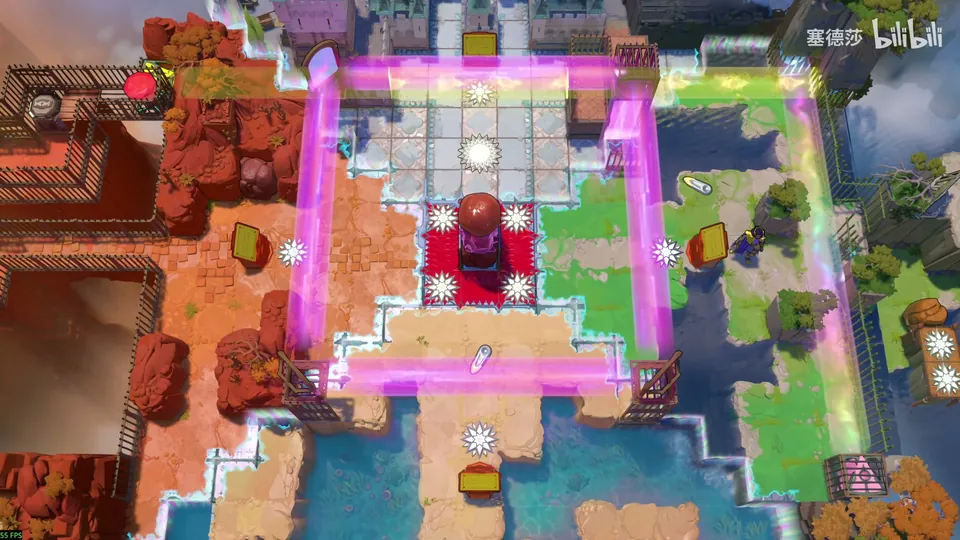 Crossroads High from above: a square of purple beams around a red central pedestal, with a multicoloured beam running down the right side