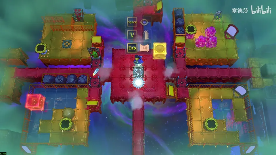 Crossroads Low from above: a red cross-shaped walkway over a purple void, with four yellow platforms in the corners, a red block, a yellow block and pink crystals