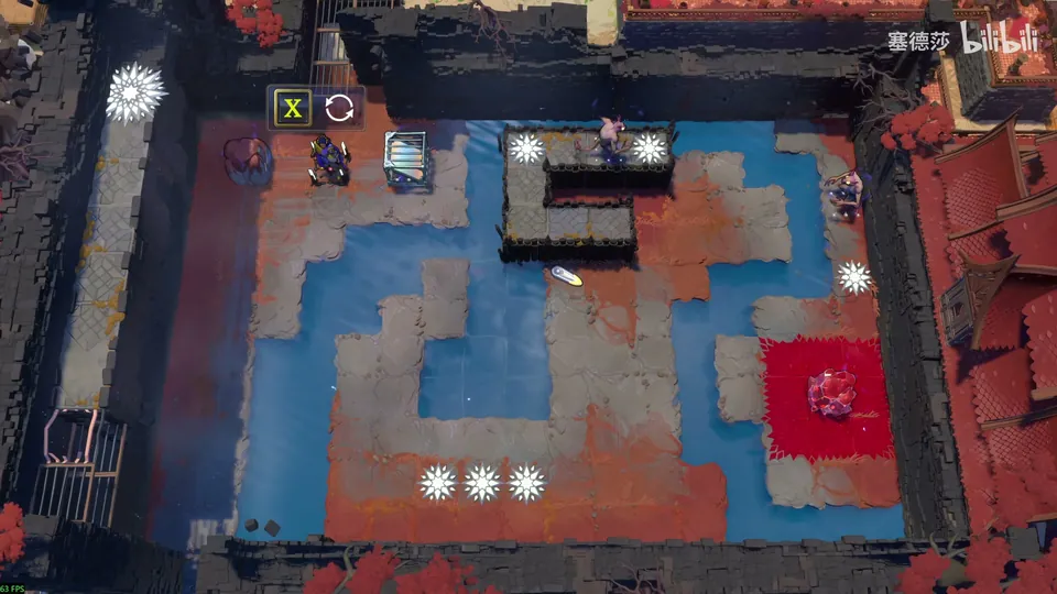 A High Mirrors room with water channels, mirror frames, a crystal on a red carpet at the bottom right and the hero at the top left