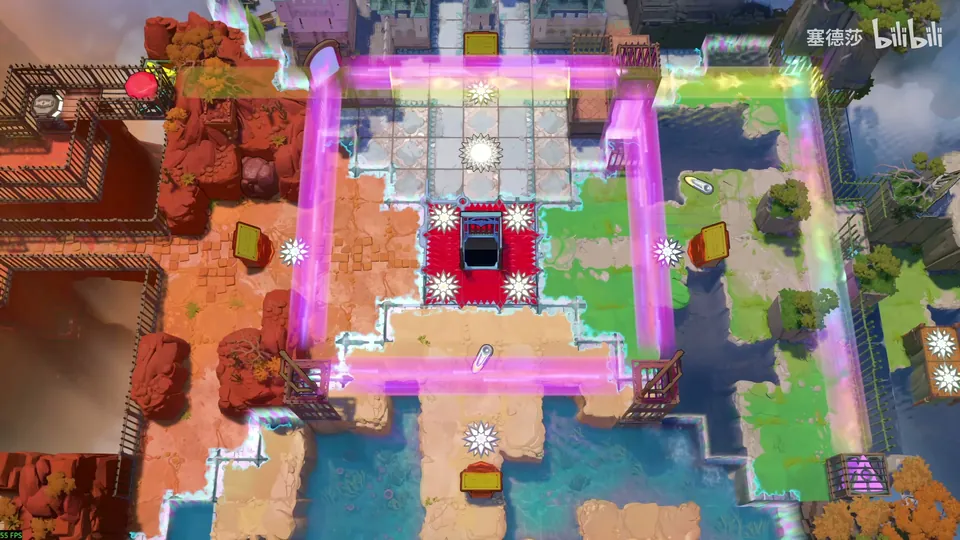 Crossroads High with the red central pedestal blasted open, showing a dark elevator shaft in the middle of the purple beam square
