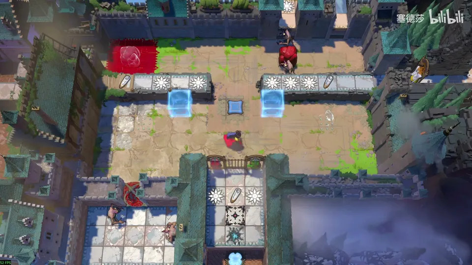A castle courtyard in High Heroes with a red stone, red blocks, two cyan crystals and goblins, an exit area below