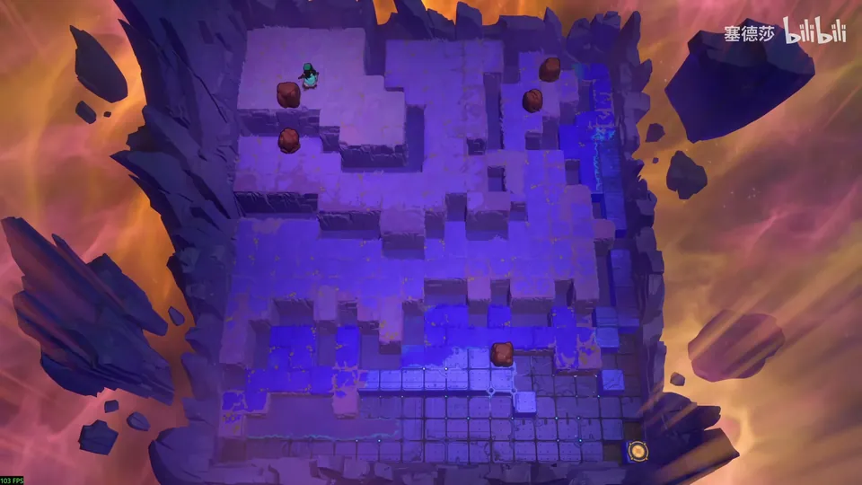 Crossroads Low puzzle 1: a large purple room of stepped stone ledges floating in an orange and purple sky, a few small brown stones, the hero at the top and the exit at the bottom right