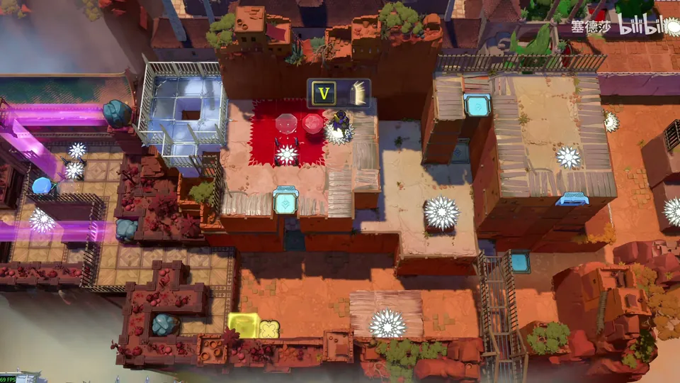 A red canyon in High Beamcasters with a gem on a red carpet, a purple beam on the left, cyan blocks and a yellow block at the bottom