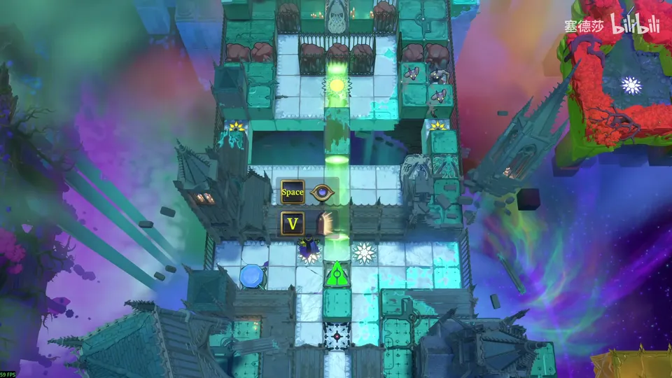 Low Beamcasters area map: teal stone walkways seen from above with a green beam running down the middle, small stone blocks and a red and white garden at the top right
