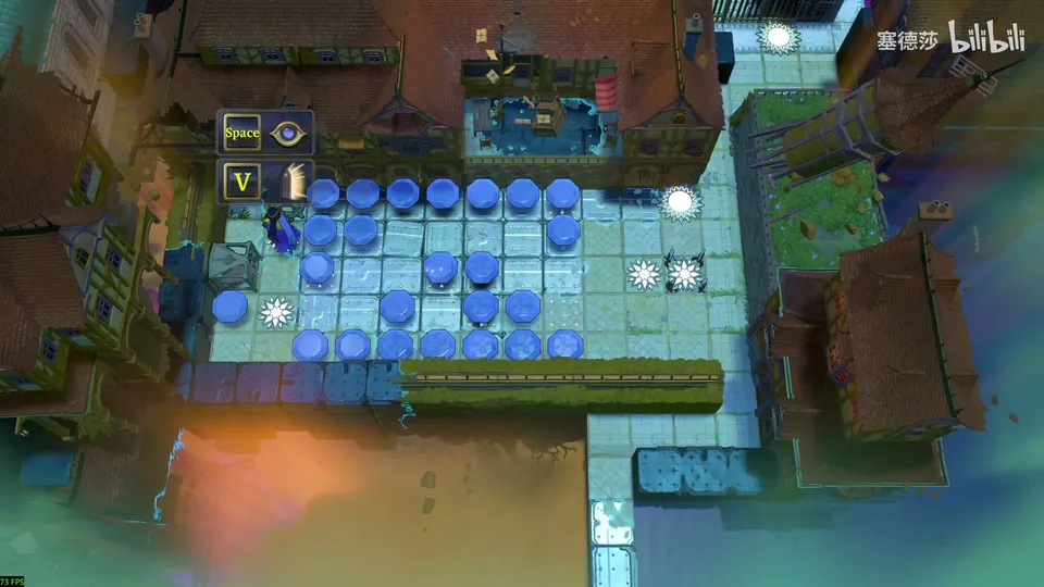 Low Beamcasters area map: a teal courtyard from above with a row of blue gems, white sun-shaped switches and a stone walkway leading down