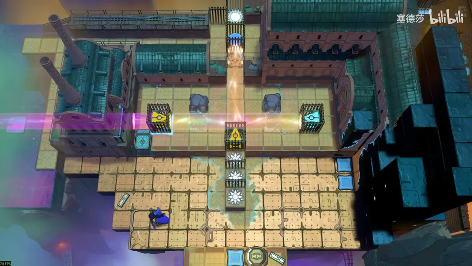 Low Beamcasters area map: a sandy courtyard from above with a purple beam from the left, an orange beam running down the middle, emitters and blue buttons