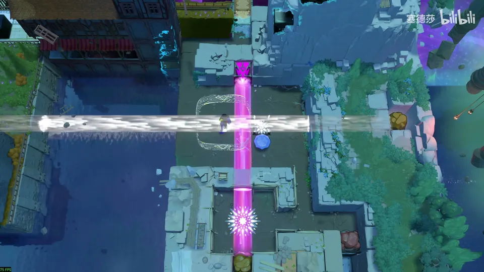 Low Beamcasters area map: dark blue water and green cliffs with a white beam running across, a magenta purple beam running down and a white sun-shaped switch