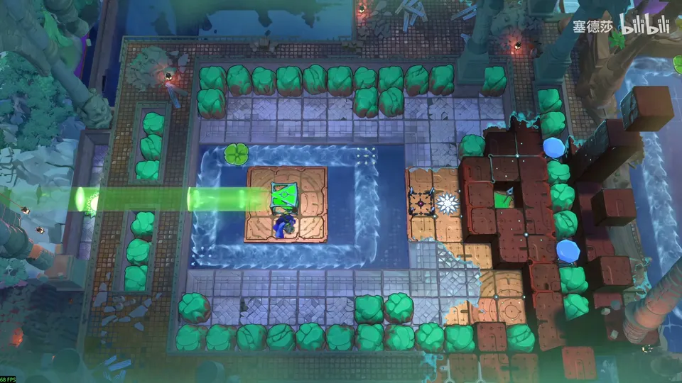 Low Beamcasters area map: the lily pad pool from above, a square current around a sandy island, a green beam from the left, hedges and brown blocks on the right