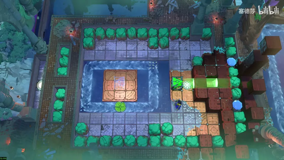 Low Beamcasters area map: the lily pad pool with the green emitter on the right side of the current, brown blocks and hedges around