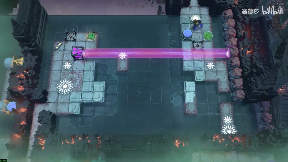 Low Beamcasters area map: a dark stone courtyard with pale walkways, a magenta beam running right from an emitter and white sun-shaped switches