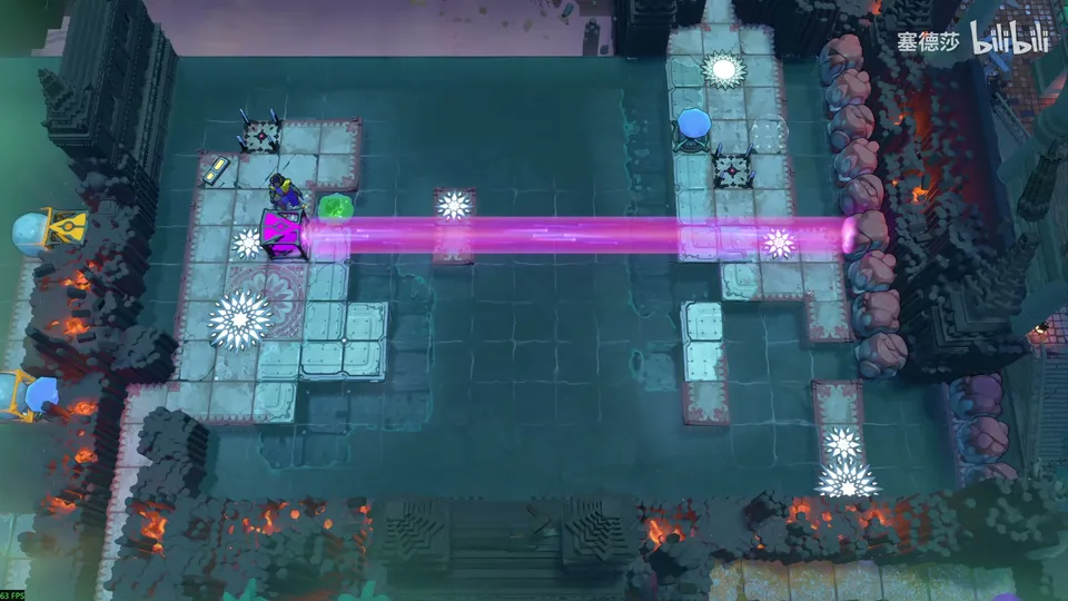 Low Beamcasters area map: the dark stone courtyard with a magenta beam, a green skipping stone near a purple emitter and white sun-shaped switches
