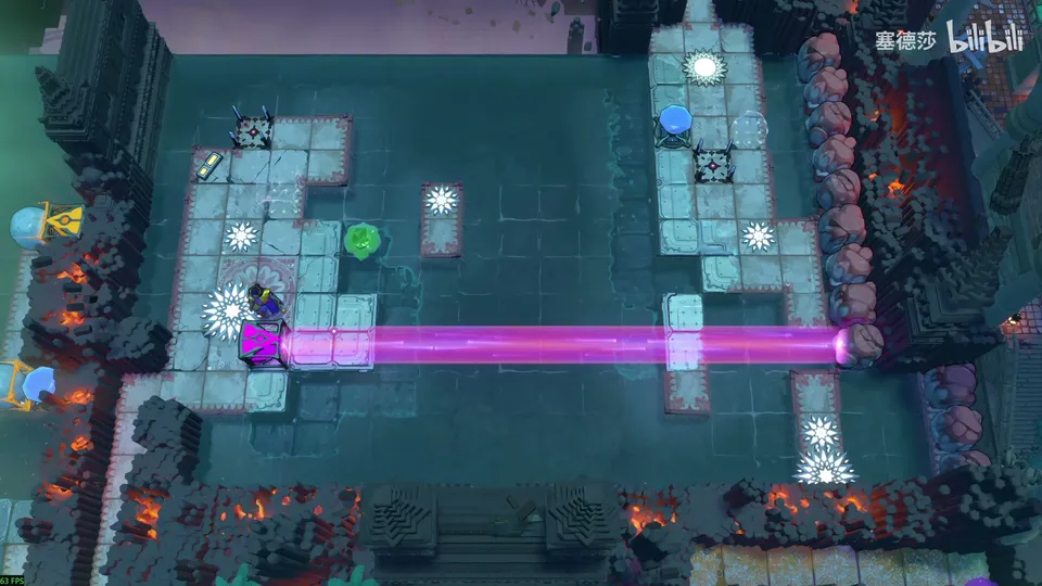 Low Beamcasters area map: the dark stone courtyard with a magenta beam along the bottom, a green skipping stone and white sun-shaped switches