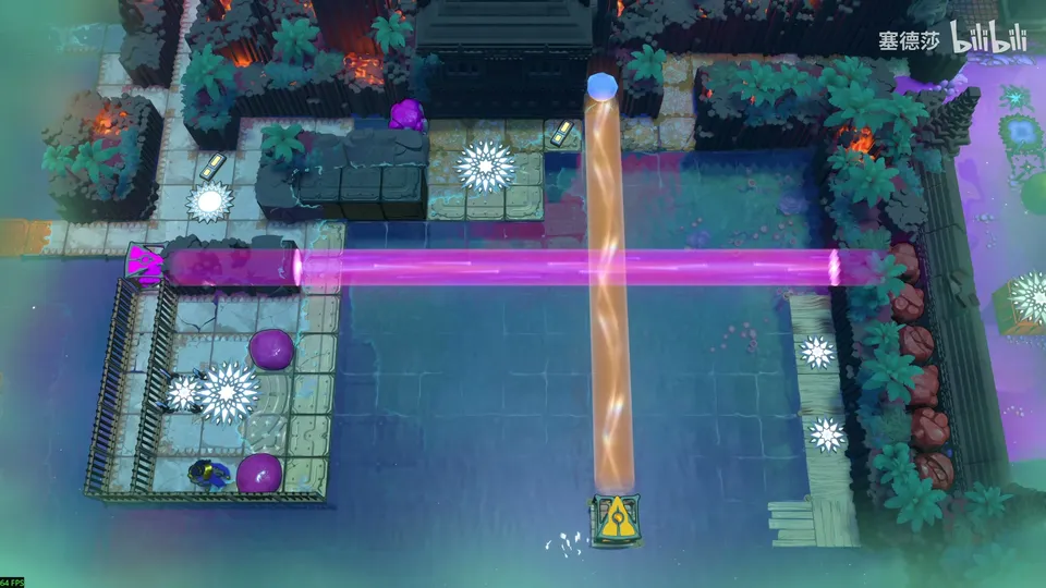 Low Beamcasters area map: a walled teal pool with a vertical orange beam, a magenta beam across, purple stones and white sun-shaped switches