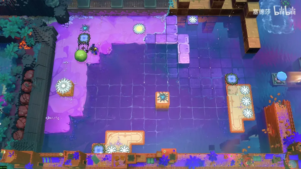 Low Beamcasters area map: a wide violet floor with pink tiles, white sun-shaped switches, a green skipping stone at the top and orange walls on the right