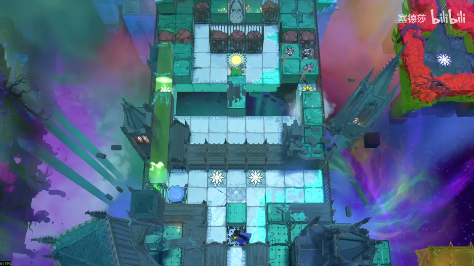 Low Beamcasters area map: the same teal walkways from above with a green beam on the left, small stone blocks and goblins near the top