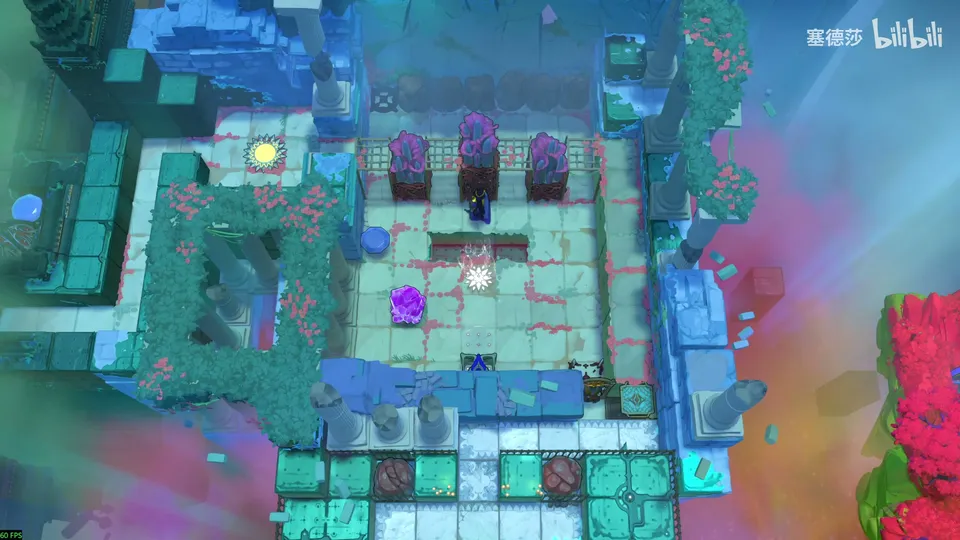 Low Beamcasters area map: a teal stone courtyard with a row of plants on root cages, a purple crystal in the middle and blue water channels at the bottom