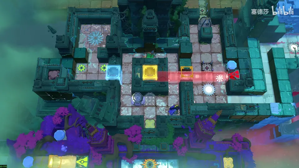 Low Beamcasters area map: a dark teal stone maze from above with blue and yellow energy blocks, a red beam crossing to the right and a white glowing button